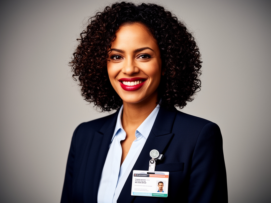 Портрет женщины с тёмными кудрявыми волосами около 32 лет, яркая улыбка, медицинский бейдж на лацкане