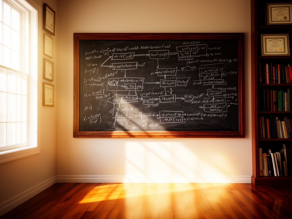 Доска с уравнениями и схемами алгоритмов машинного обучения, написанными мелом, солнечный кабинет