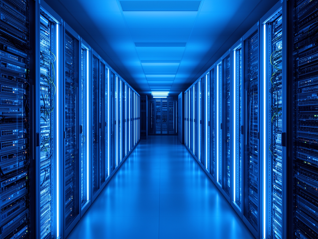 Современный дата-центр с рядами серверных стоек и синей LED-подсветкой, перспективный вид