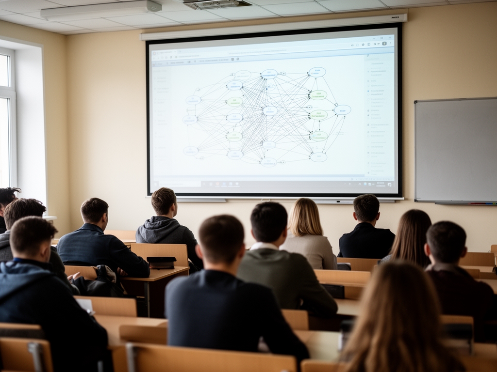 Учебная аудитория с экраном, на котором показана схема нейронной сети, студенты смотрят на интерактивную доску