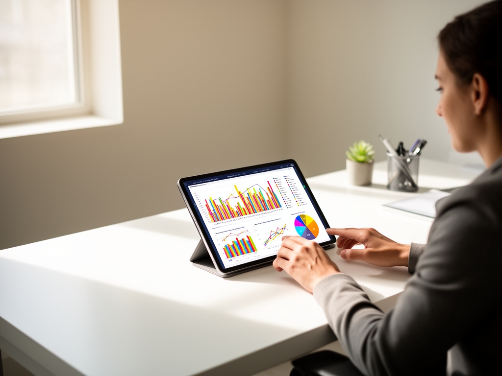 Человек за белым столом изучает красочные графики и диаграммы на планшете, светлый минималистичный интерьер