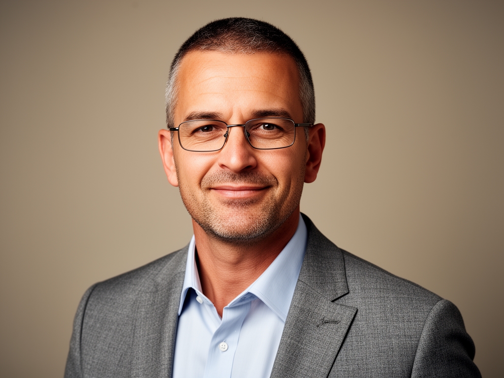 Профессиональный портрет мужчины около 42 лет с короткой стрижкой и очками, серый пиджак, нейтральный фон студии