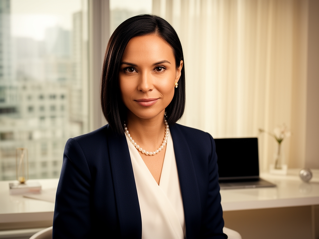 Профессиональный портрет женщины около 35 лет с тёмными прямыми волосами, светлый офис на фоне, деловой стиль