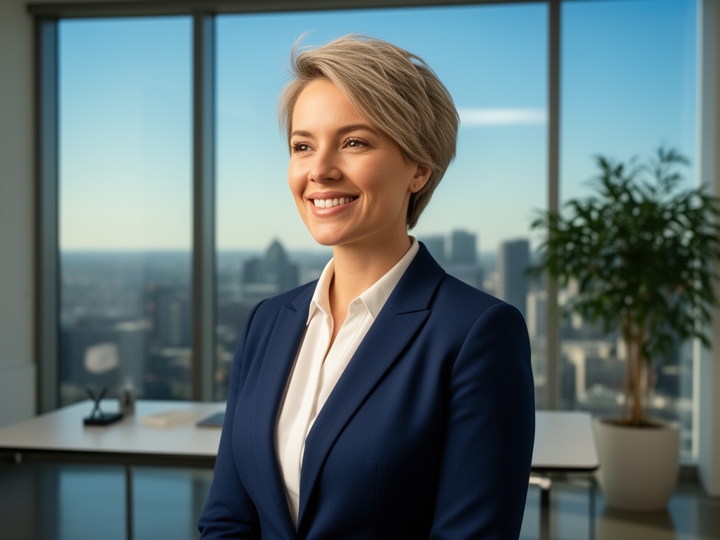 Профессиональный портрет женщины около 29 лет с короткими светлыми волосами, улыбка, яркий офис с большими окнами