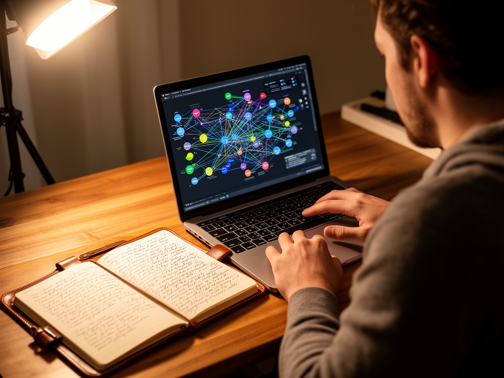 Человек за ноутбуком в уютном освещённом пространстве изучает схему нейронной сети, на столе блокнот с рукописными заметками